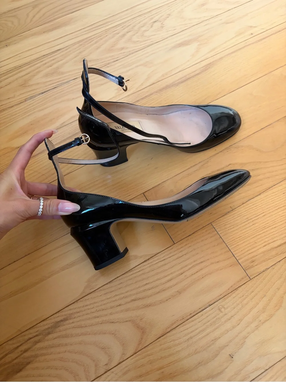 Valentino Garavani Tango Black Patent Ankle-Strap Block Heel Mary Jane